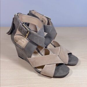 Clarks Tan and Gray Wedge Shoes with Crisscross Straps
